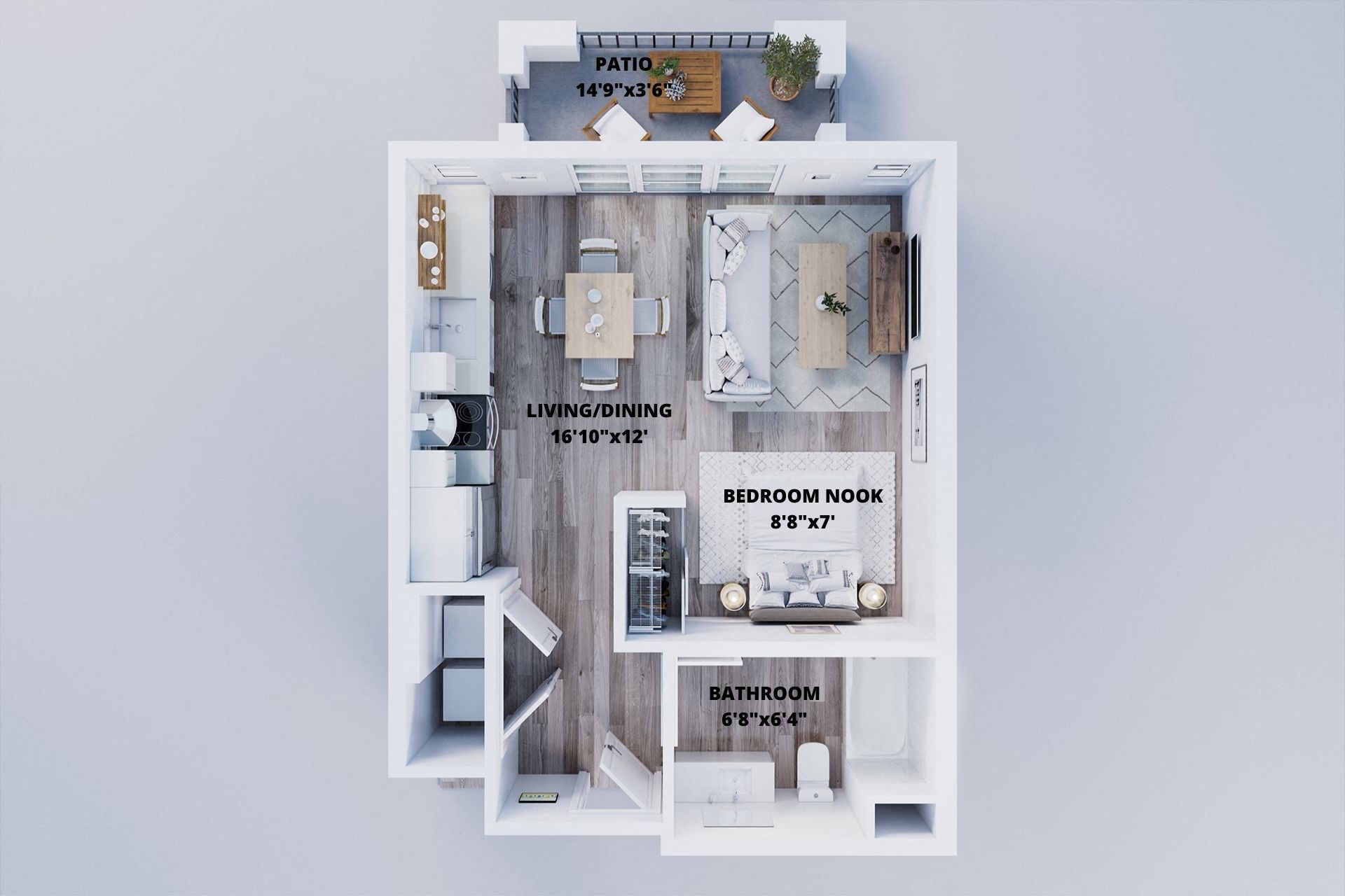 Floor plan for studio, 1 bath, 477 sqft